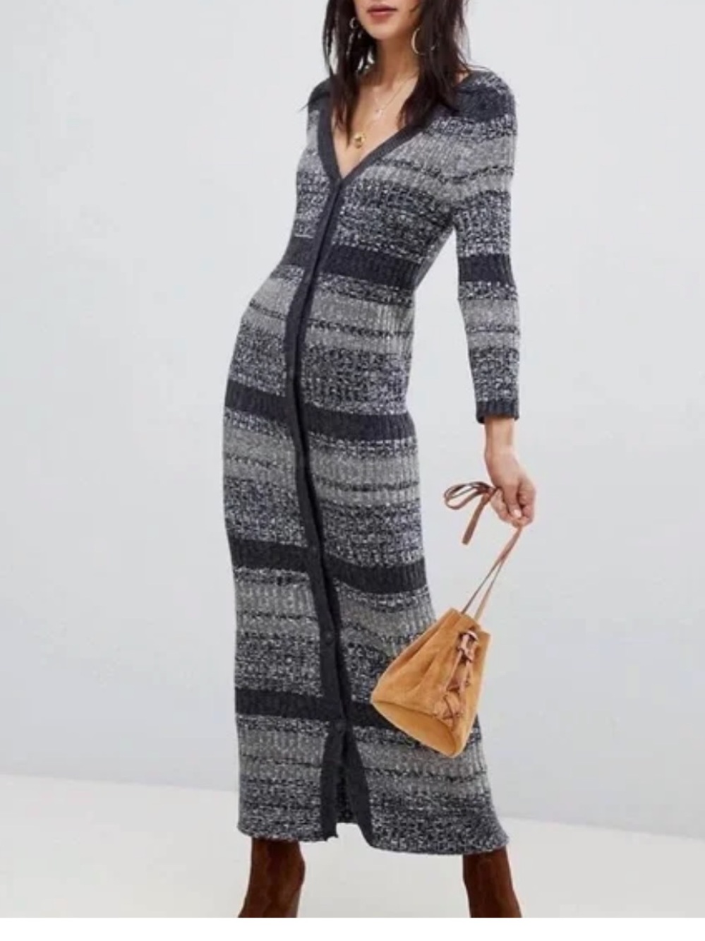 free people maxi m Long Button-Front Knit Dress in Gray